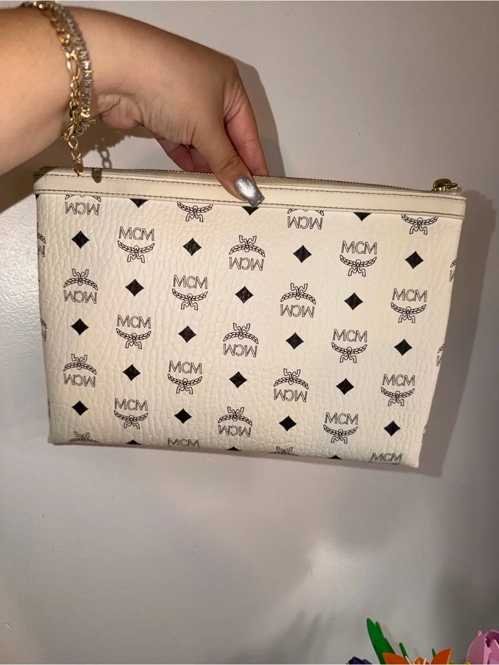 MCM White Monogram Zip Clutch